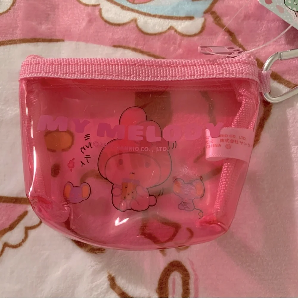 My Melody Drinking Boba Pink Clear Plastic Small Zip Coin Pouch NWT